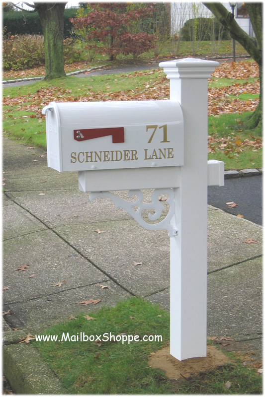 Standard PVC Mailbox Post with decorative brace and cap-top. Mailbox 